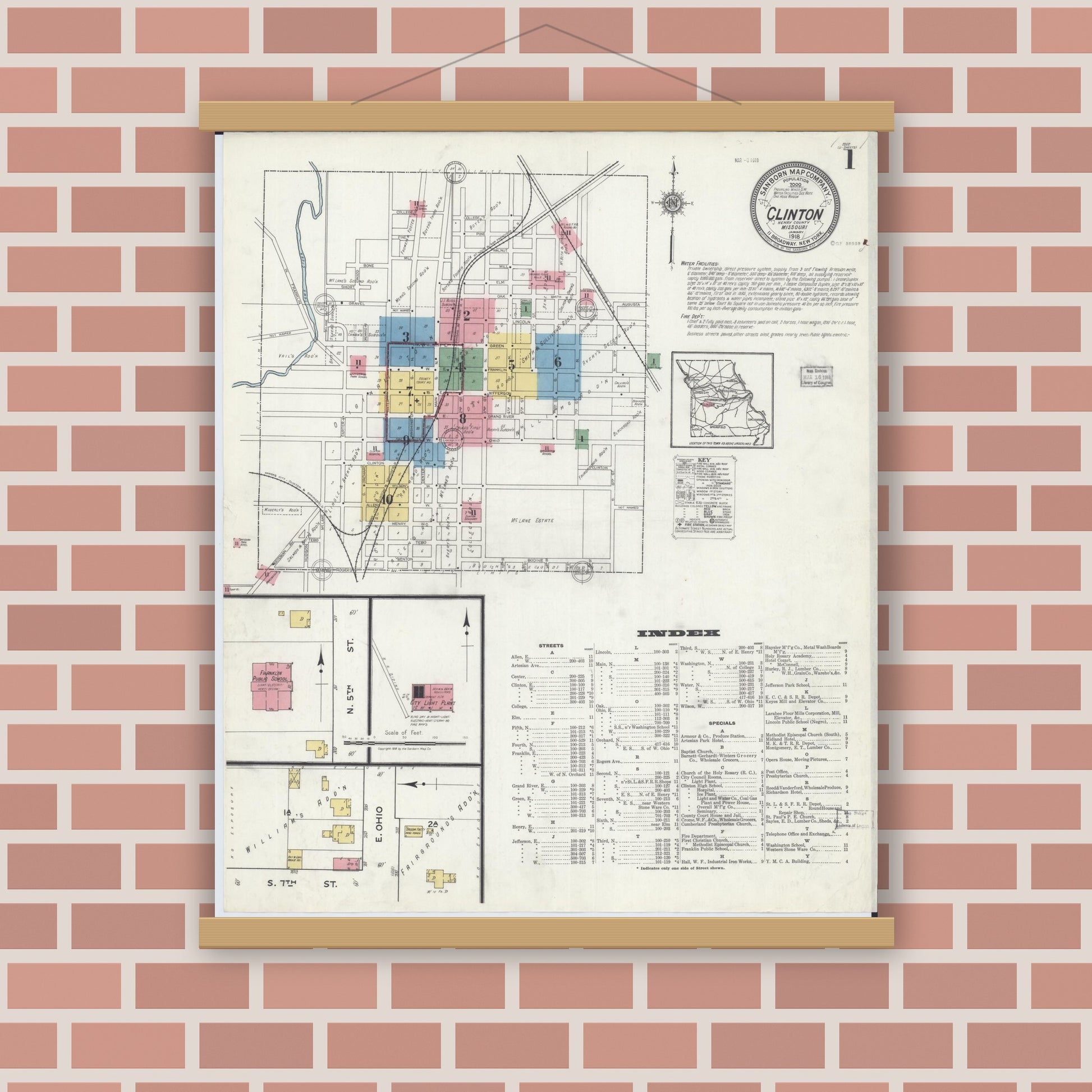 Old map wall art mockup — magnetic wood frame on brick wall — Sanborn Fire Insurance Map from Clinton, Henry County, Missouri (1918) - Complete Map Set
