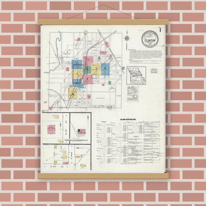 Old map wall art mockup — magnetic wood frame on brick wall — Sanborn Fire Insurance Map from Clinton, Henry County, Missouri (1918) - Complete Map Set