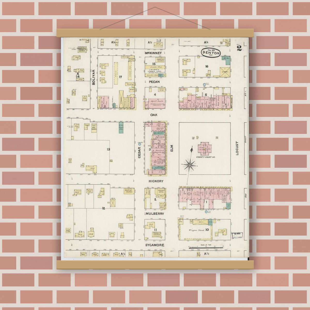 Old map wall art mockup — magnetic wood frame on brick wall — Sanborn Fire Insurance Map from Denton, Denton County, Texas (1891), Sheet #0002