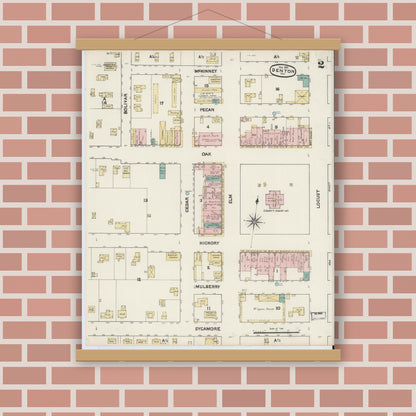 Old map wall art mockup — magnetic wood frame on brick wall — Sanborn Fire Insurance Map from Denton, Denton County, Texas (1891), Sheet #0002