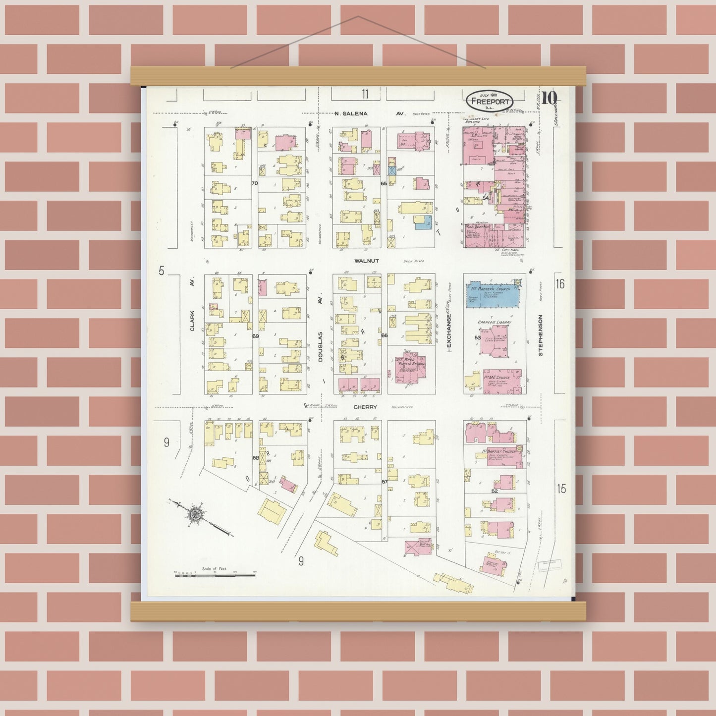 Old map wall art mockup — magnetic wood frame on brick wall — Sanborn Fire Insurance Map from Freeport, Stephenson County, Illinois (1910), Sheet #0010