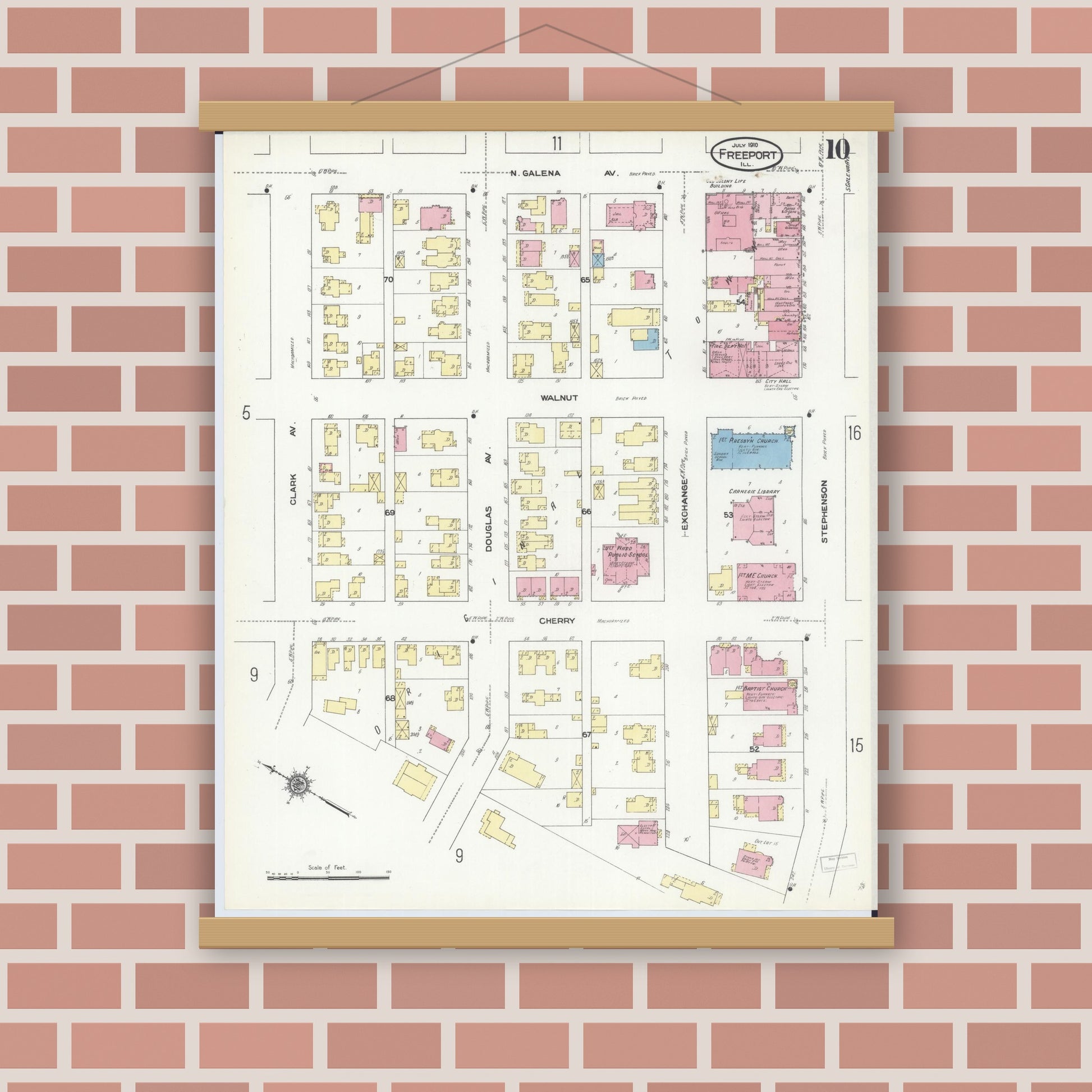 Old map wall art mockup — magnetic wood frame on brick wall — Sanborn Fire Insurance Map from Freeport, Stephenson County, Illinois (1910), Sheet #0010