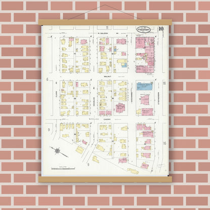 Old map wall art mockup — magnetic wood frame on brick wall — Sanborn Fire Insurance Map from Freeport, Stephenson County, Illinois (1910), Sheet #0010