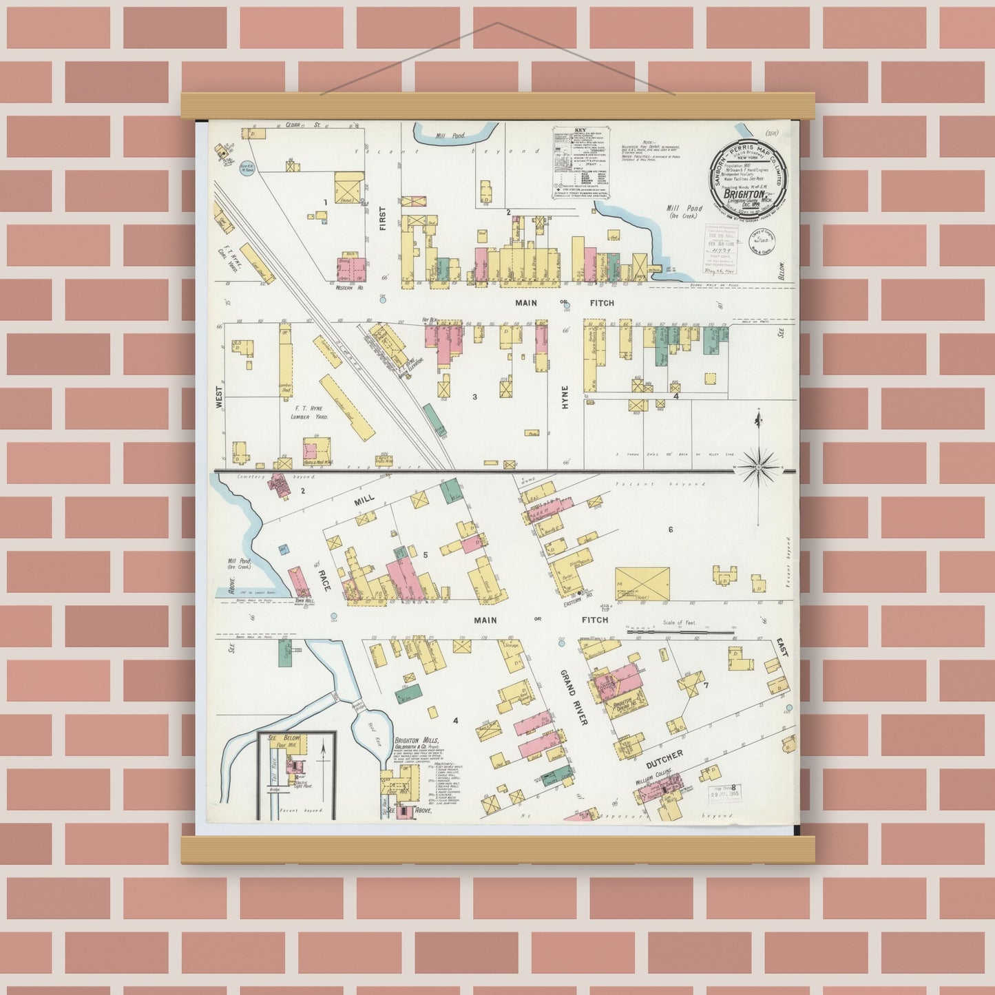 Old map wall art mockup — magnetic wood frame on brick wall — Sanborn Fire Insurance Map from Brighton, Livingston County, Michigan (1899), Sheet #0001
