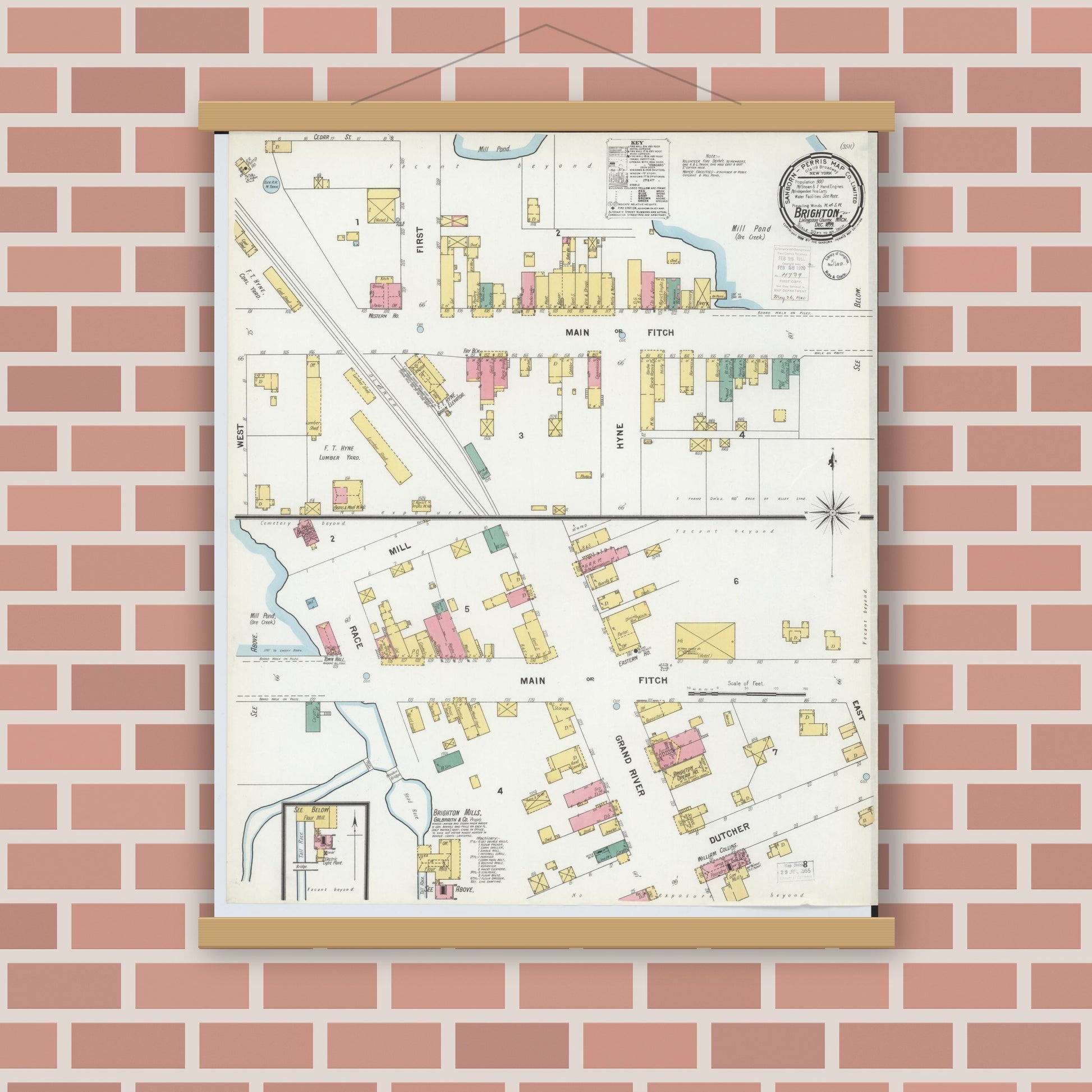 Old map wall art mockup — magnetic wood frame on brick wall — Sanborn Fire Insurance Map from Brighton, Livingston County, Michigan (1899), Sheet #0001