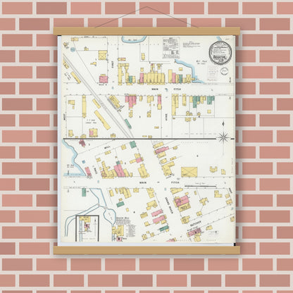 Old map wall art mockup — magnetic wood frame on brick wall — Sanborn Fire Insurance Map from Brighton, Livingston County, Michigan (1899), Sheet #0001