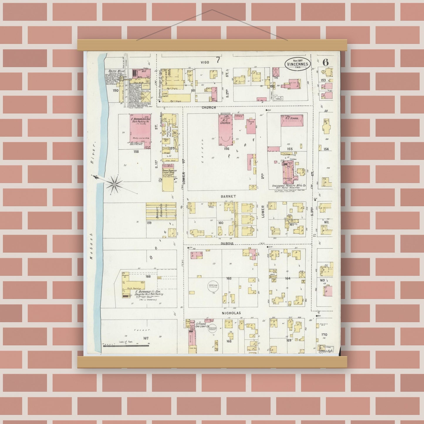 Old map wall art mockup — magnetic wood frame on brick wall — Sanborn Fire Insurance Map from Vincennes, Knox County, Indiana (1897), Sheet #0006