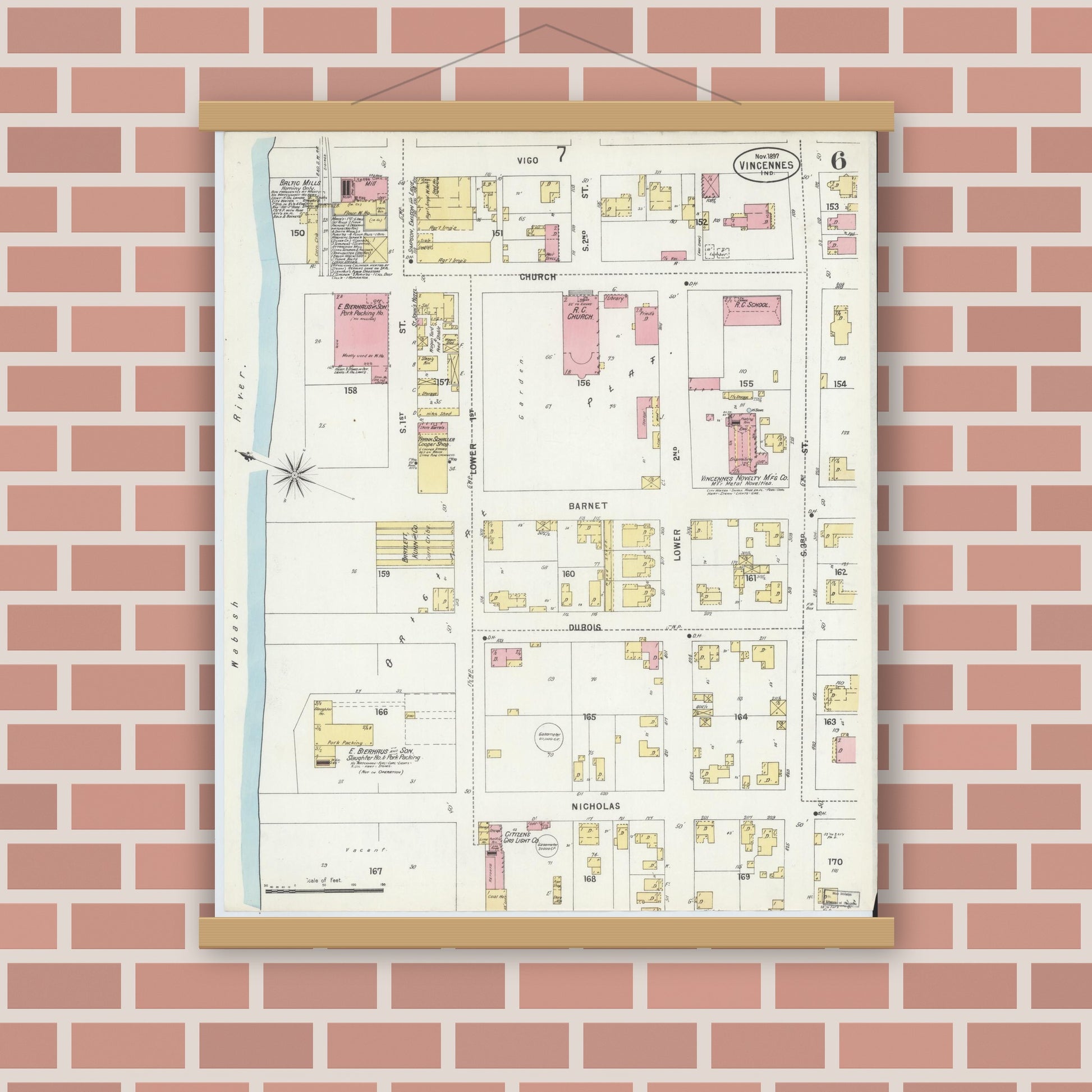 Old map wall art mockup — magnetic wood frame on brick wall — Sanborn Fire Insurance Map from Vincennes, Knox County, Indiana (1897), Sheet #0006
