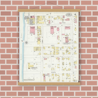 Old map wall art mockup — magnetic wood frame on brick wall — Sanborn Fire Insurance Map from Vincennes, Knox County, Indiana (1897), Sheet #0006