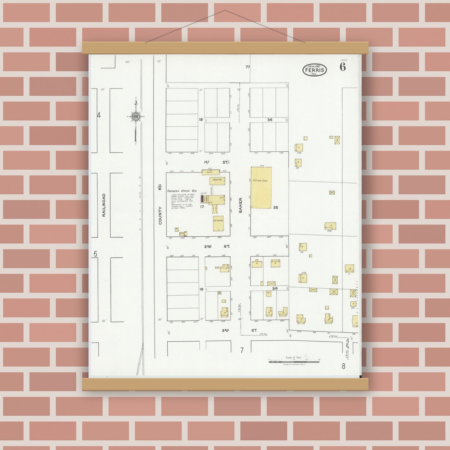 Old map wall art mockup — magnetic wood frame on brick wall — Sanborn Fire Insurance Map from Ferris, Ellis County, Texas (1921), Sheet #0006