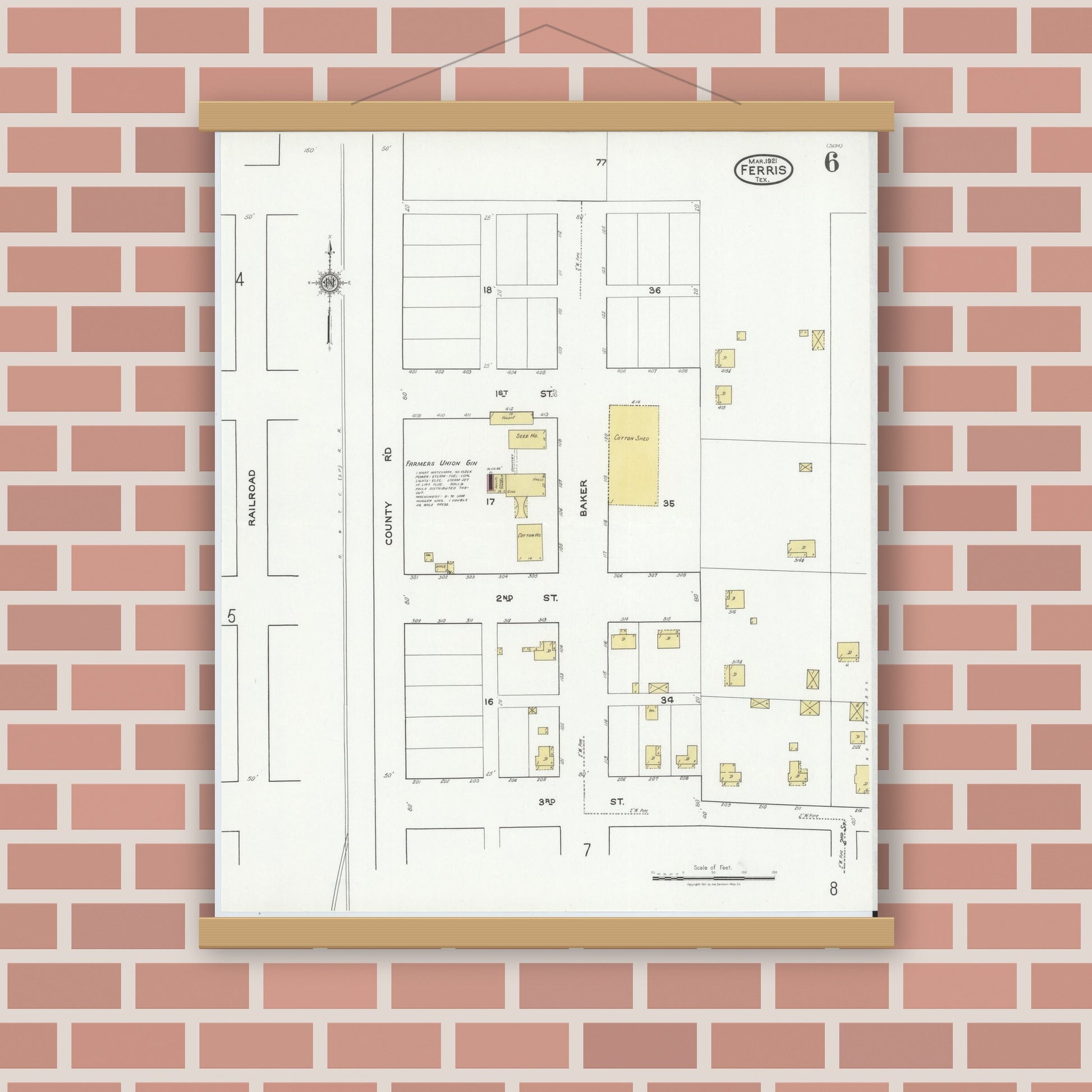 Old map wall art mockup — magnetic wood frame on brick wall — Sanborn Fire Insurance Map from Ferris, Ellis County, Texas (1921), Sheet #0006