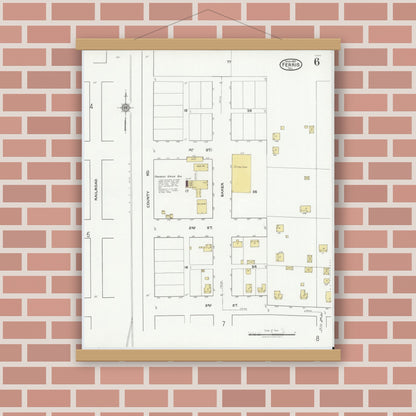 Old map wall art mockup — magnetic wood frame on brick wall — Sanborn Fire Insurance Map from Ferris, Ellis County, Texas (1921), Sheet #0006