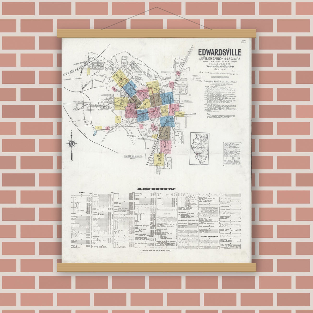 Old map wall art mockup — magnetic wood frame on brick wall — Sanborn Fire Insurance Map from Edwardsville, Madison County, Illinois (1930), Sheet #0001