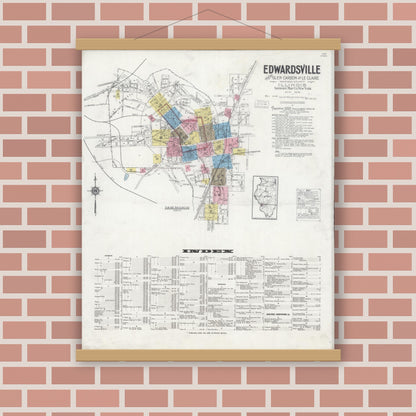 Old map wall art mockup — magnetic wood frame on brick wall — Sanborn Fire Insurance Map from Edwardsville, Madison County, Illinois (1930), Sheet #0001