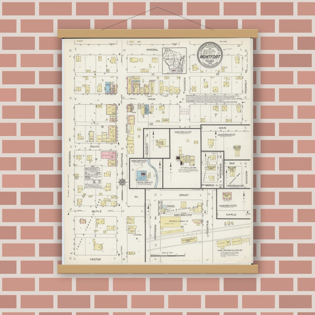 Old map wall art mockup — magnetic wood frame on brick wall — Sanborn Fire Insurance Map from Montfort, Grant County, Wisconsin (1914), Sheet #0001