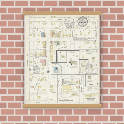 Old map wall art mockup — magnetic wood frame on brick wall — Sanborn Fire Insurance Map from Montfort, Grant County, Wisconsin (1914), Sheet #0001