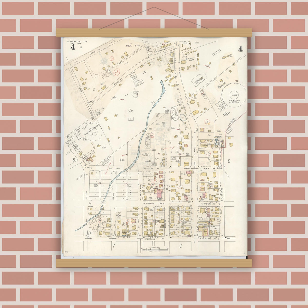 Old map wall art mockup — magnetic wood frame on brick wall — Sanborn Fire Insurance Map from Gladewater, Gregg County, Texas (1938), Sheet #0004