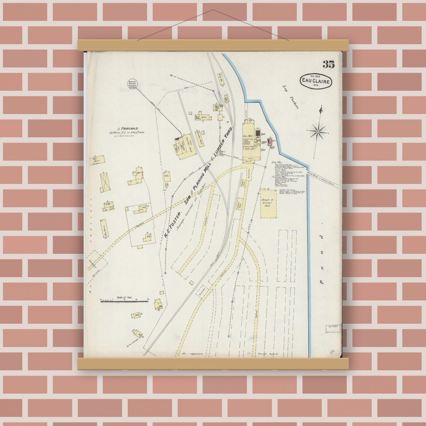 Old map wall art mockup — magnetic wood frame on brick wall — Sanborn Fire Insurance Map from Eau Claire, Eau Claire County, Wisconsin (1889), Sheet #0035