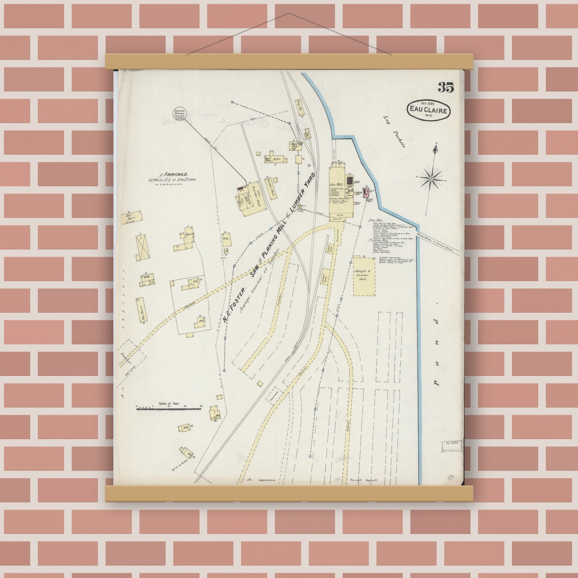 Old map wall art mockup — magnetic wood frame on brick wall — Sanborn Fire Insurance Map from Eau Claire, Eau Claire County, Wisconsin (1889), Sheet #0035