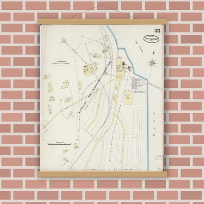 Old map wall art mockup — magnetic wood frame on brick wall — Sanborn Fire Insurance Map from Eau Claire, Eau Claire County, Wisconsin (1889), Sheet #0035