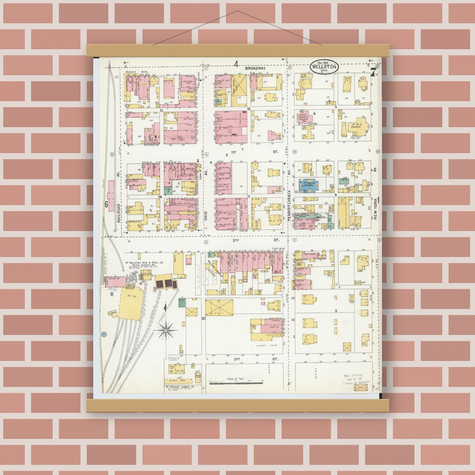 Old map wall art mockup — magnetic wood frame on brick wall — Sanborn Fire Insurance Map from Wellston, Jackson County, Ohio (1904), Sheet #0007