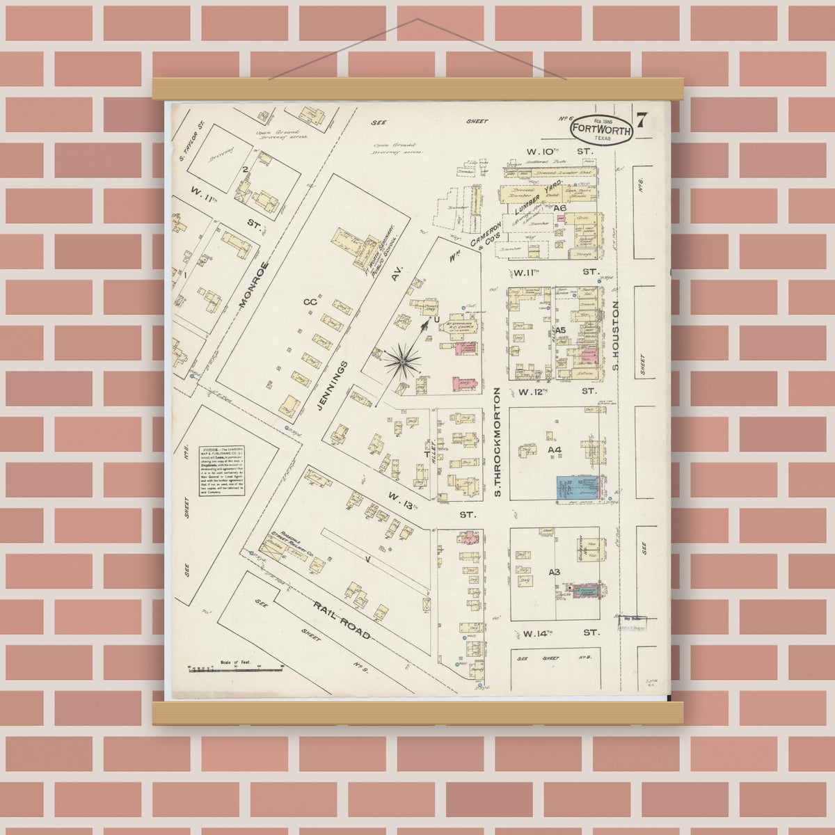 Old map wall art mockup — magnetic wood frame on brick wall — Sanborn Fire Insurance Map from Fort Worth, Tarrant County, Texas (1885), Sheet #0007