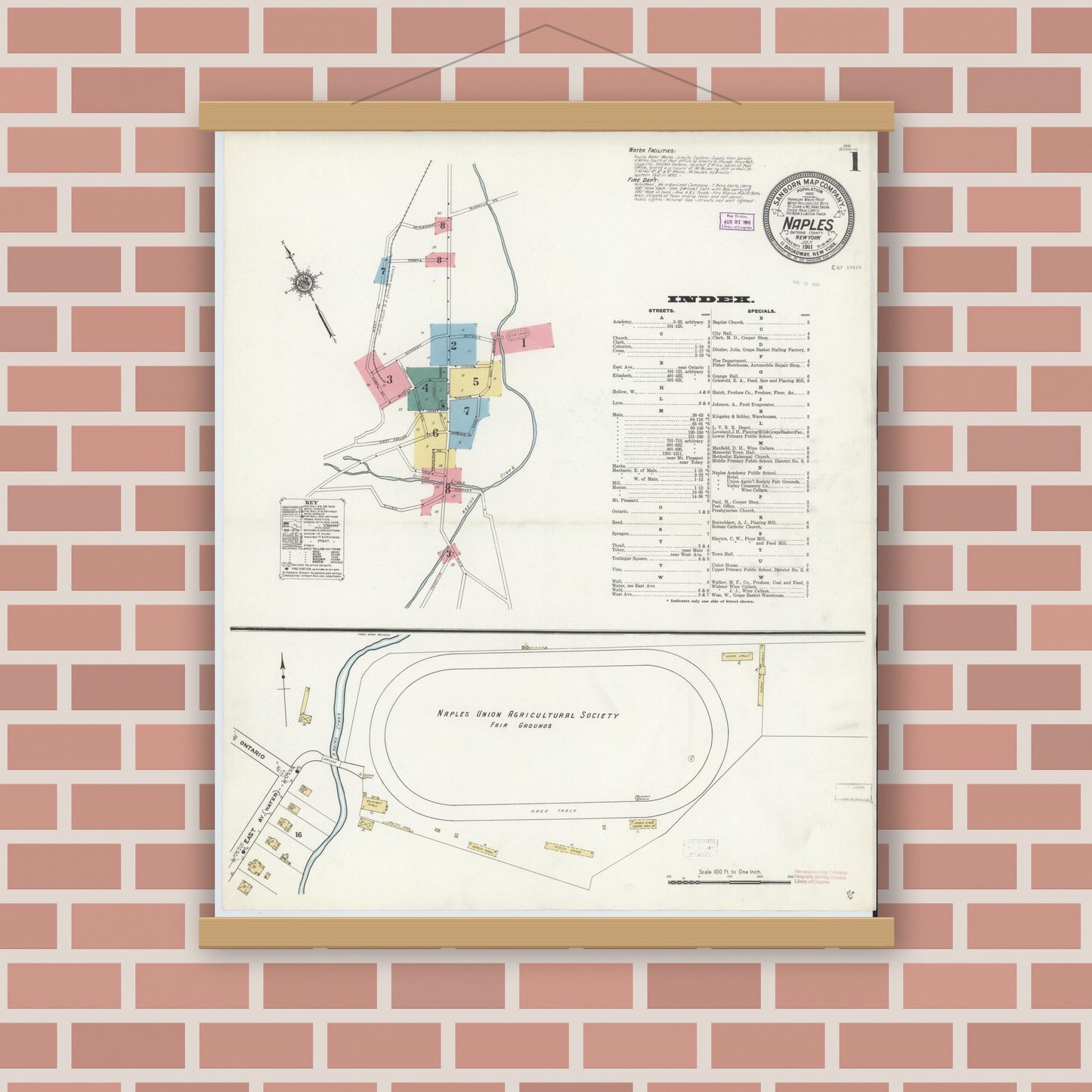 Old map wall art mockup — magnetic wood frame on brick wall — Sanborn Fire Insurance Map from Naples, Ontario County, New York (1911) - Complete Map Set