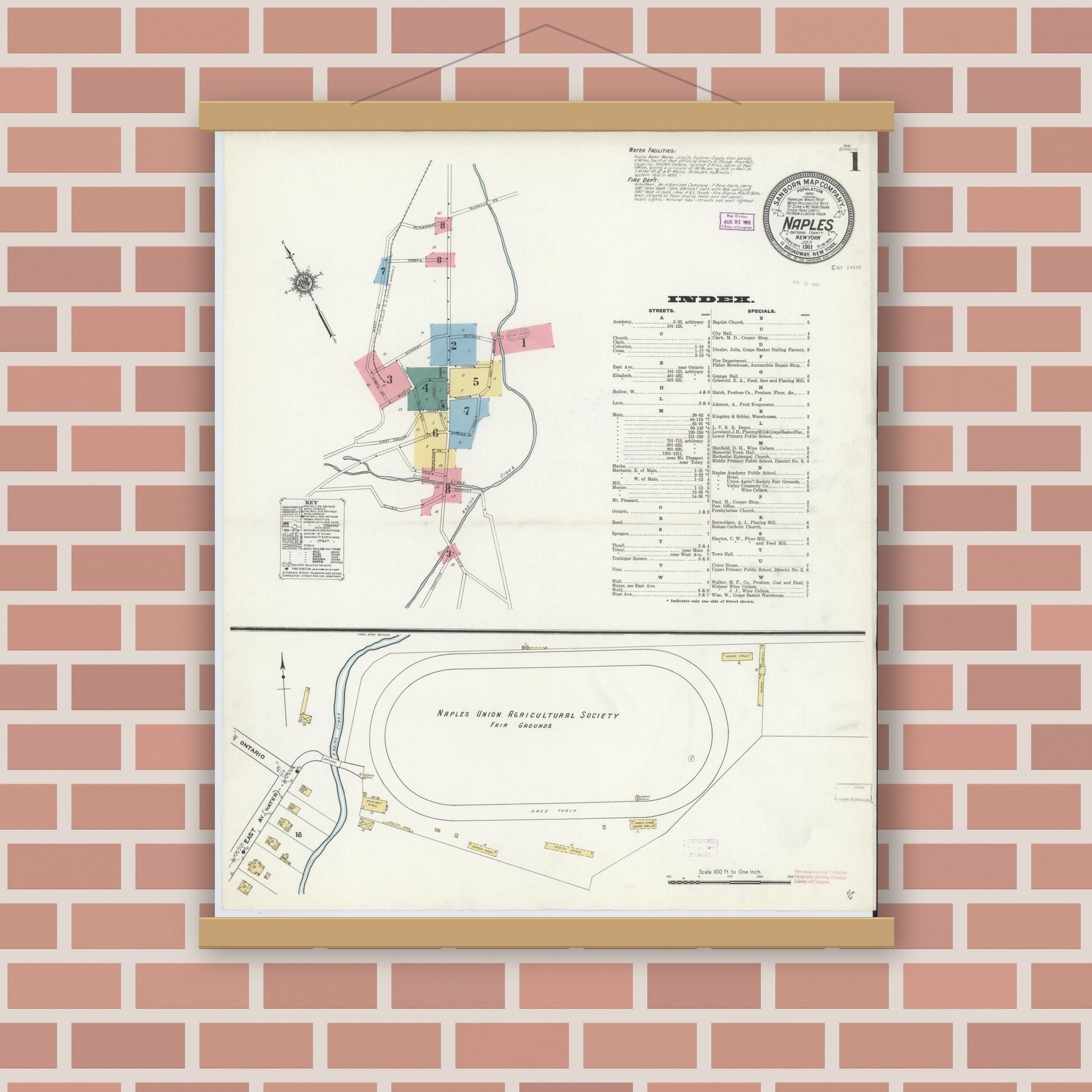 Old map wall art mockup — magnetic wood frame on brick wall — Sanborn Fire Insurance Map from Naples, Ontario County, New York (1911) - Complete Map Set