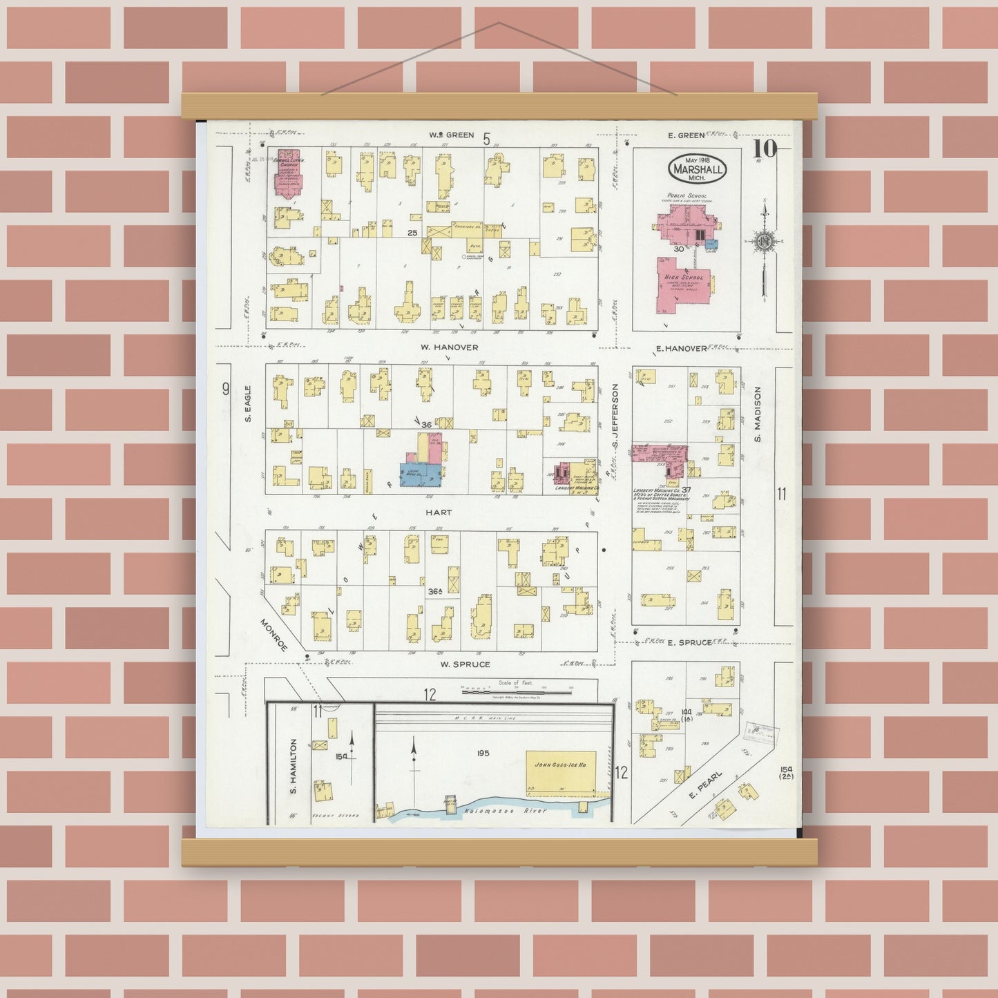 Old map wall art mockup — magnetic wood frame on brick wall — Sanborn Fire Insurance Map from Marshall, Calhoun County, Michigan (1916), Sheet #0010