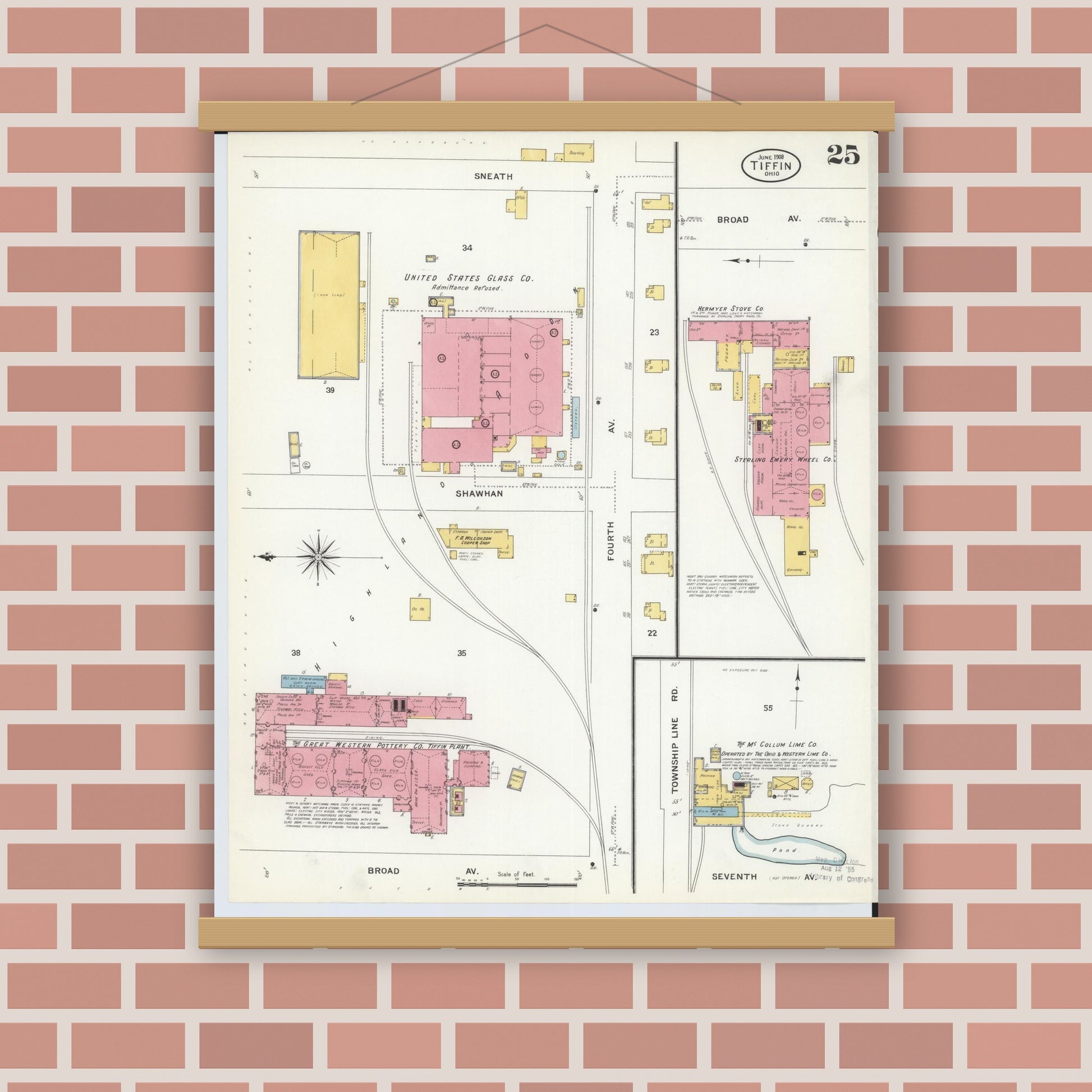 Old map wall art mockup — magnetic wood frame on brick wall — Sanborn Fire Insurance Map from Tiffin, Seneca County, Ohio (1908), Sheet #0025