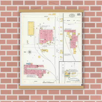 Old map wall art mockup — magnetic wood frame on brick wall — Sanborn Fire Insurance Map from Tiffin, Seneca County, Ohio (1908), Sheet #0025