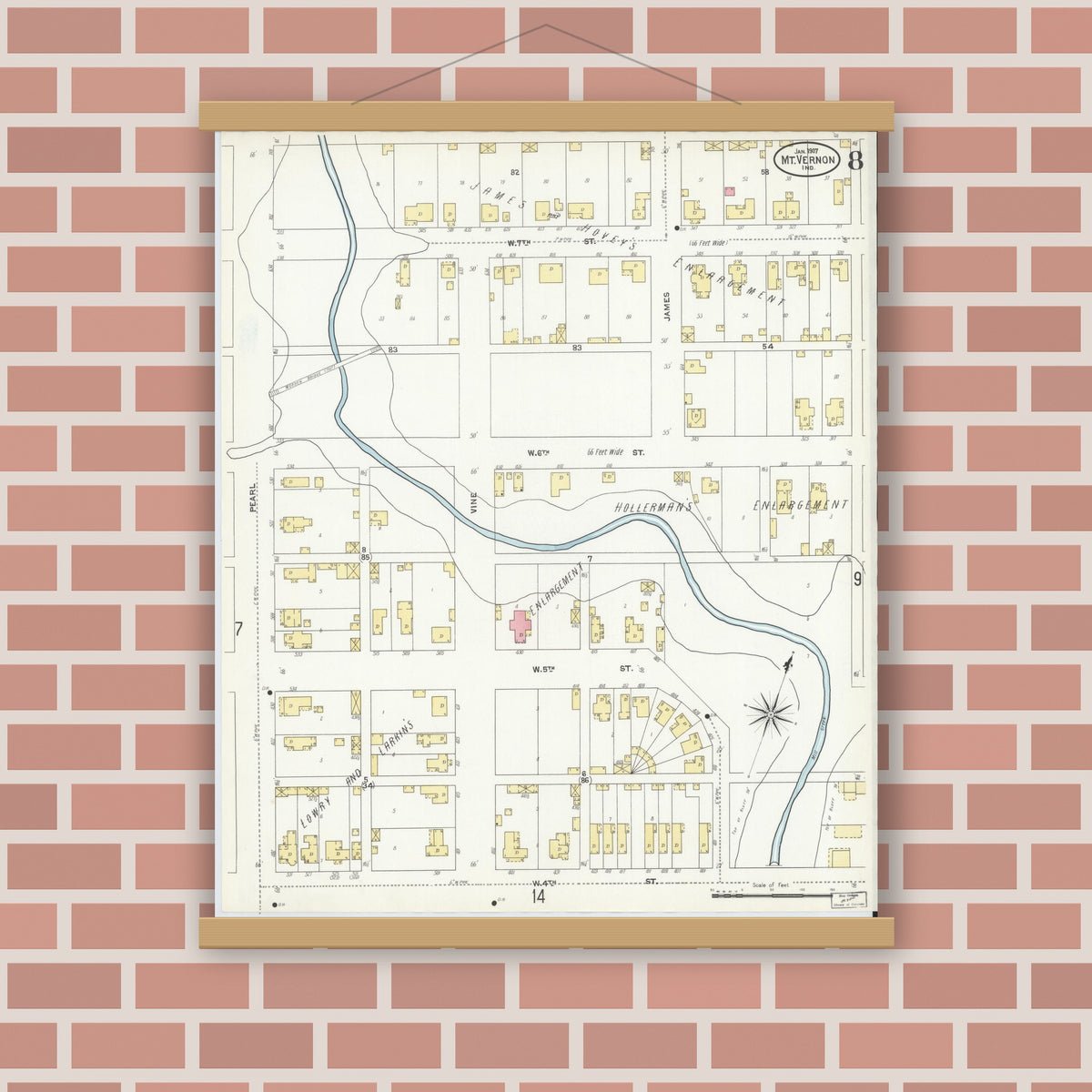 Old map wall art mockup — magnetic wood frame on brick wall — Sanborn Fire Insurance Map from Mount Vernon, Posey County, Indiana (1907), Sheet #0008