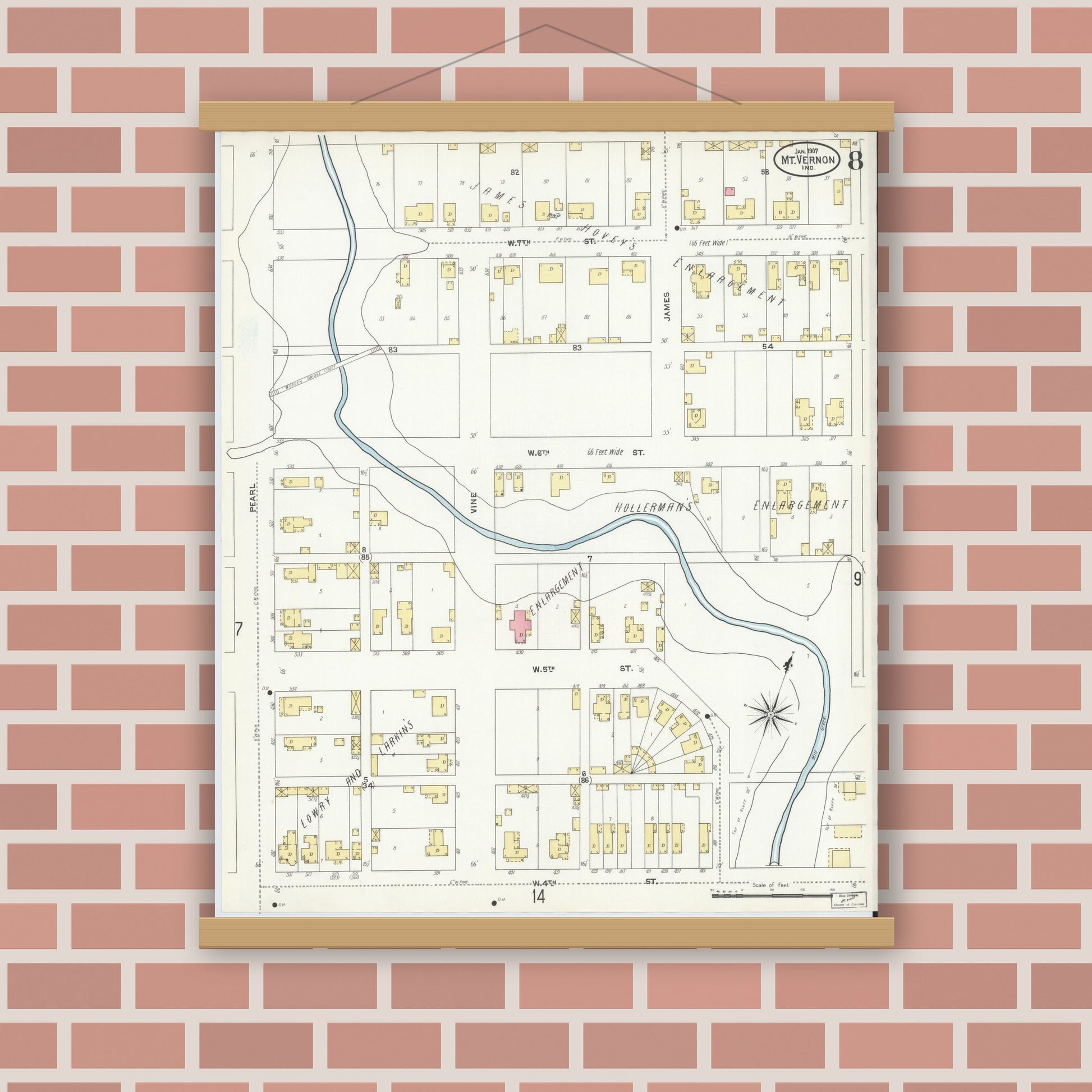 Old map wall art mockup — magnetic wood frame on brick wall — Sanborn Fire Insurance Map from Mount Vernon, Posey County, Indiana (1907), Sheet #0008