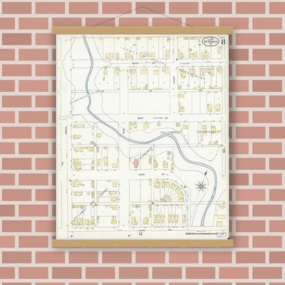Old map wall art mockup — magnetic wood frame on brick wall — Sanborn Fire Insurance Map from Mount Vernon, Posey County, Indiana (1907), Sheet #0008