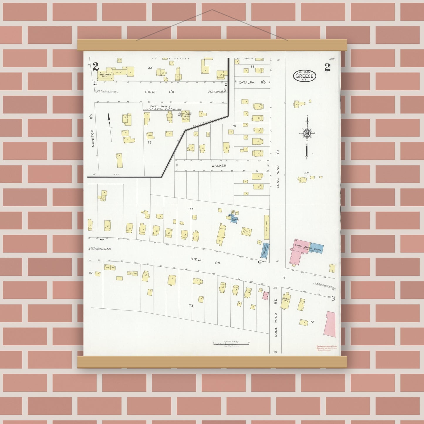 Old map wall art mockup — magnetic wood frame on brick wall — Sanborn Fire Insurance Map from Greece, Monroe County, New York (1929), Sheet #0002
