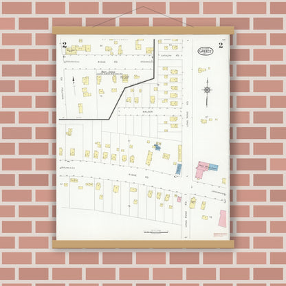 Old map wall art mockup — magnetic wood frame on brick wall — Sanborn Fire Insurance Map from Greece, Monroe County, New York (1929), Sheet #0002