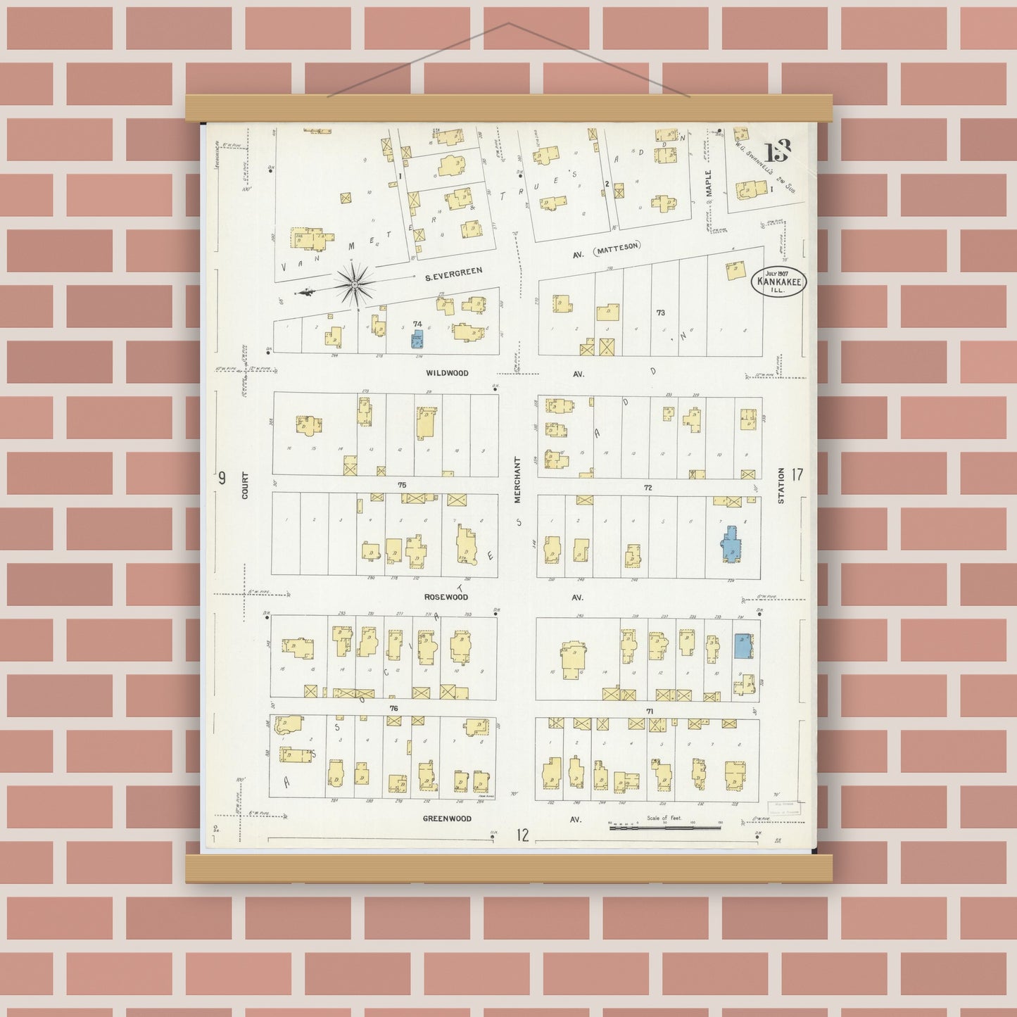 Old map wall art mockup — magnetic wood frame on brick wall — Sanborn Fire Insurance Map from Kankakee, Kankakee County, Illinois (1907), Sheet #0013