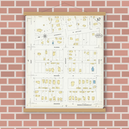 Old map wall art mockup — magnetic wood frame on brick wall — Sanborn Fire Insurance Map from Kankakee, Kankakee County, Illinois (1907), Sheet #0013