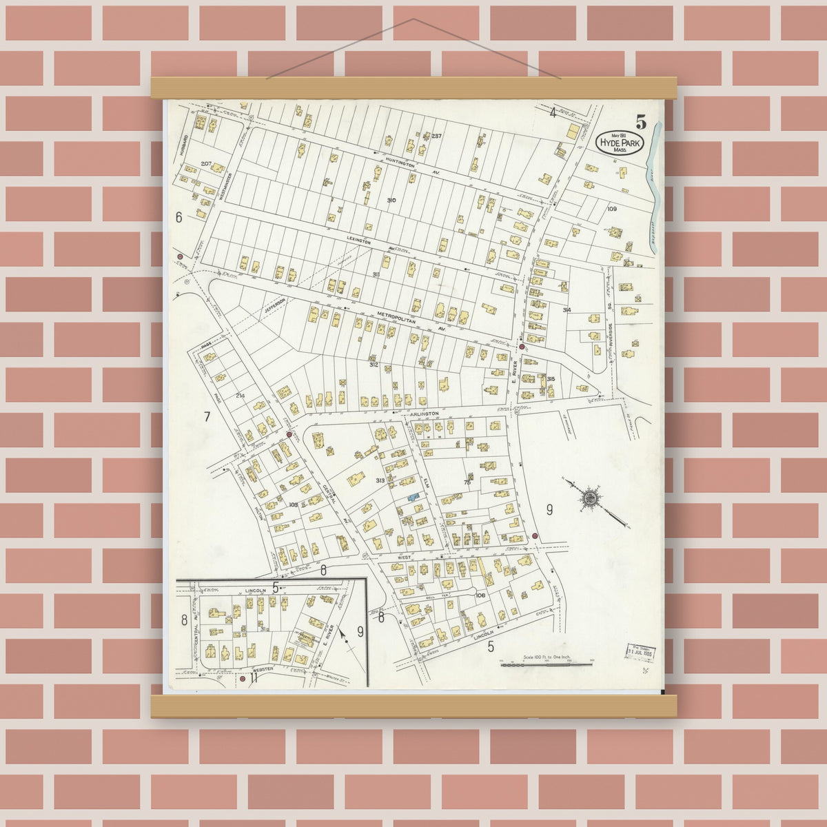 Old map wall art mockup — magnetic wood frame on brick wall — Sanborn Fire Insurance Map from Hyde Park, Norfolk County, Massachusetts (1911), Sheet #0005