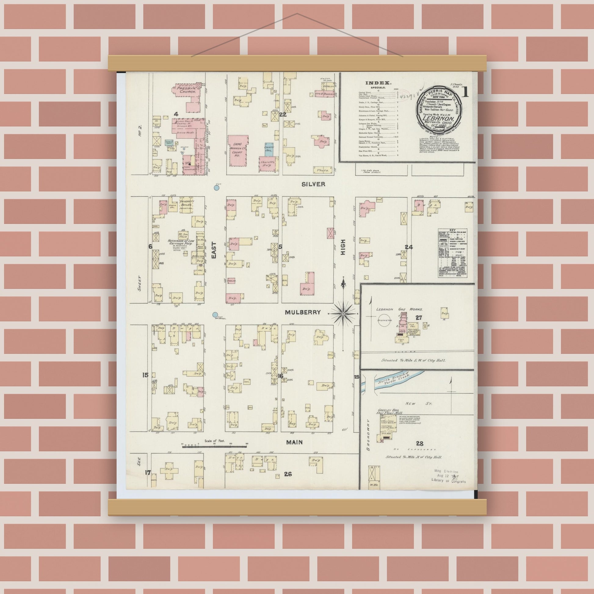 Old map wall art mockup — magnetic wood frame on brick wall — Sanborn Fire Insurance Map from Lebanon, Warren County, Ohio (1890), Sheet #0001