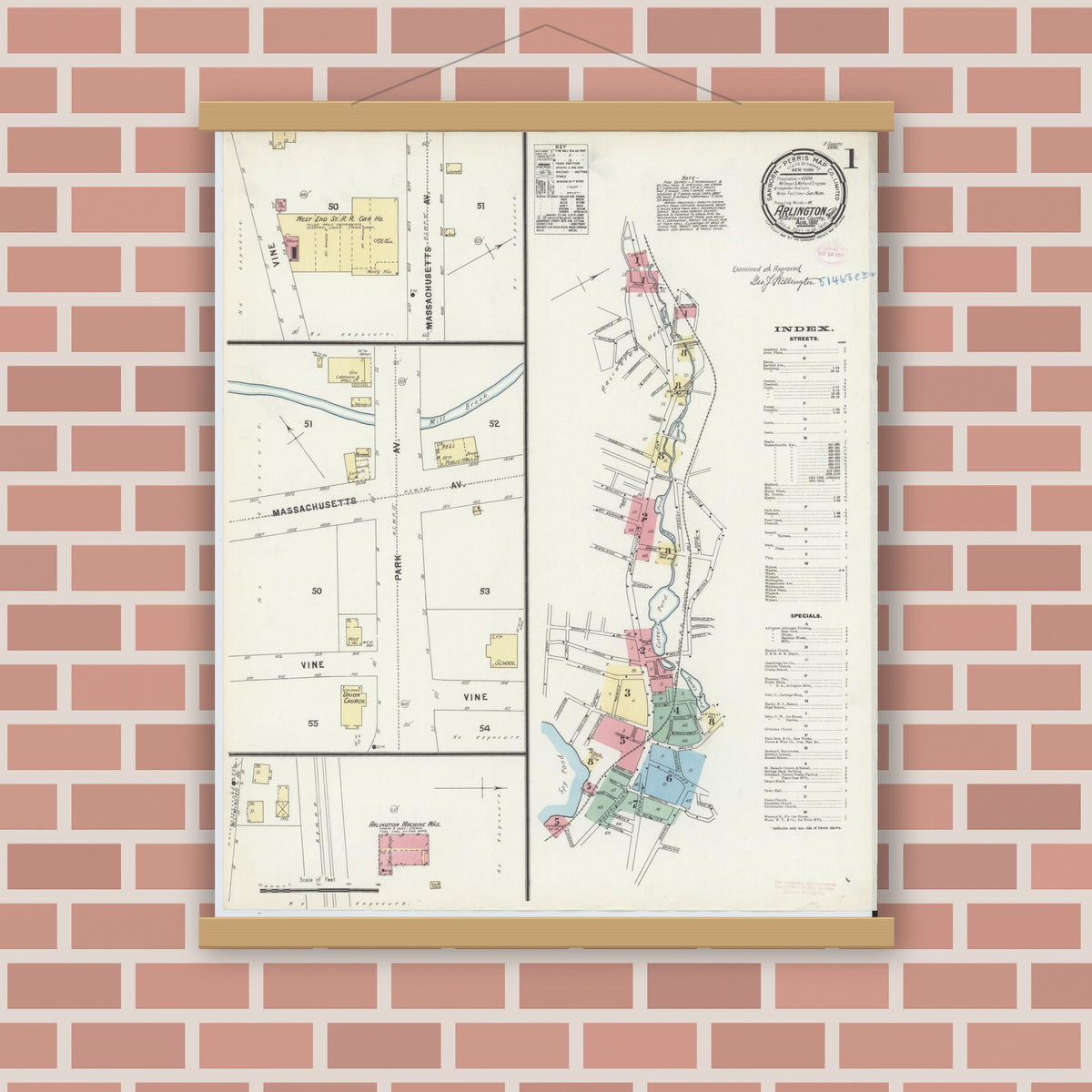 Old map wall art mockup — magnetic wood frame on brick wall — Sanborn Fire Insurance Map from Arlington, Middlesex County, Massachusetts (1897) - Complete Map Set