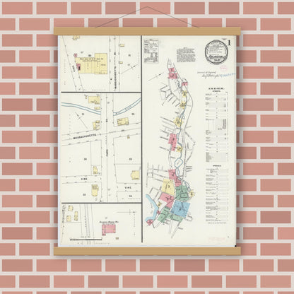 Old map wall art mockup — magnetic wood frame on brick wall — Sanborn Fire Insurance Map from Arlington, Middlesex County, Massachusetts (1897) - Complete Map Set