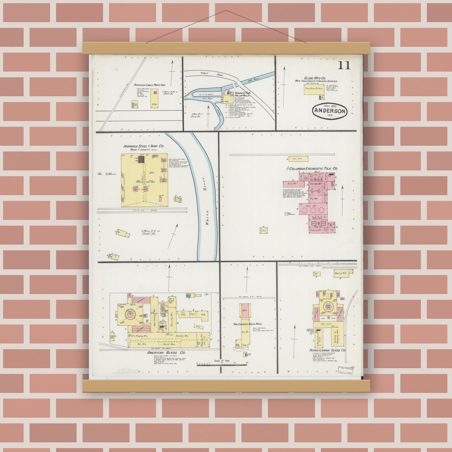 Old map wall art mockup — magnetic wood frame on brick wall — Sanborn Fire Insurance Map from Anderson, Madison County, Indiana (1890), Sheet #0011