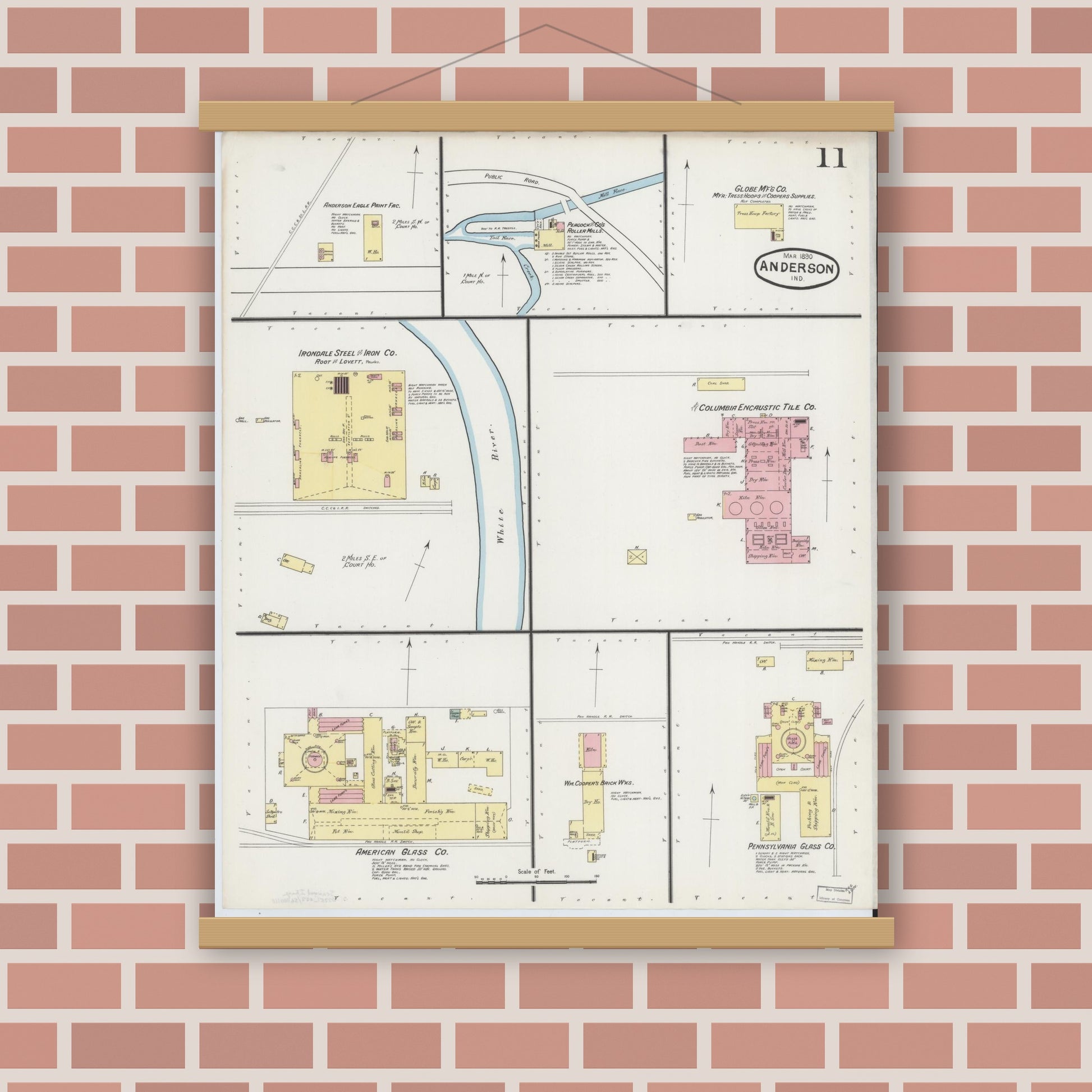 Old map wall art mockup — magnetic wood frame on brick wall — Sanborn Fire Insurance Map from Anderson, Madison County, Indiana (1890), Sheet #0011