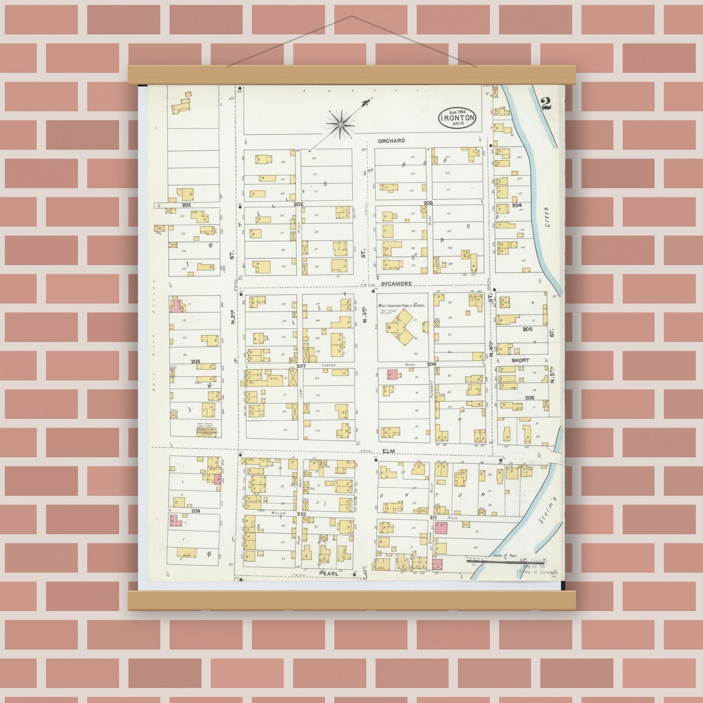 Old map wall art mockup — magnetic wood frame on brick wall — Sanborn Fire Insurance Map from Ironton, Lawrence County, Ohio (1904), Sheet #0002