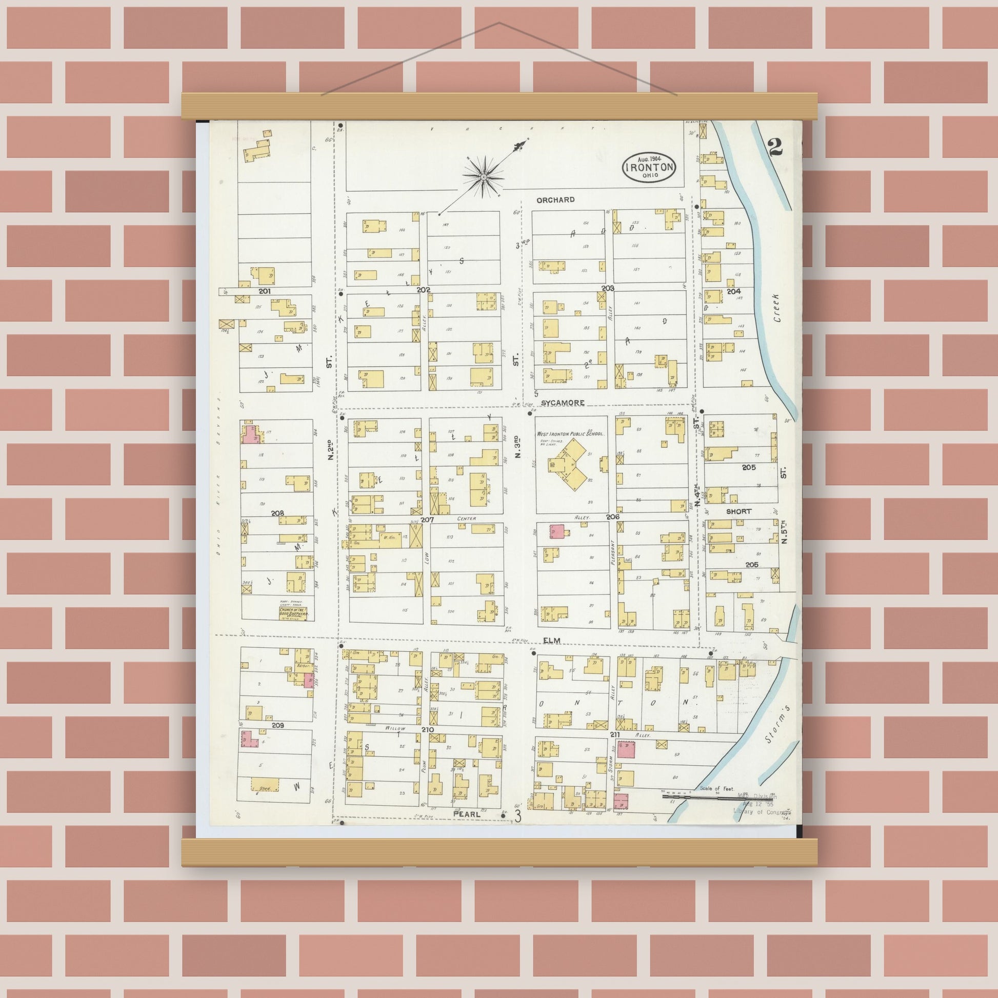 Old map wall art mockup — magnetic wood frame on brick wall — Sanborn Fire Insurance Map from Ironton, Lawrence County, Ohio (1904), Sheet #0002