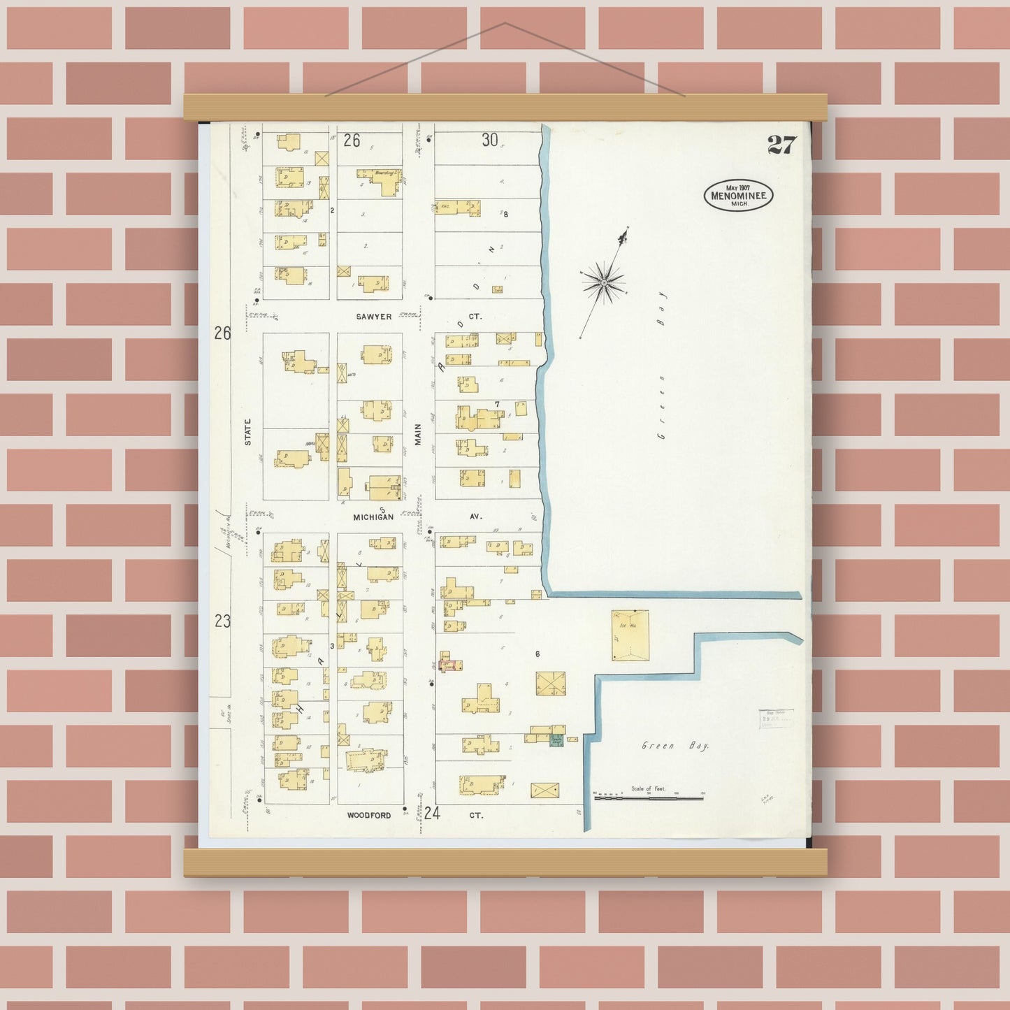 Old map wall art mockup — magnetic wood frame on brick wall — Sanborn Fire Insurance Map from Menominee, Menominee County, Michigan (1907), Sheet #0027