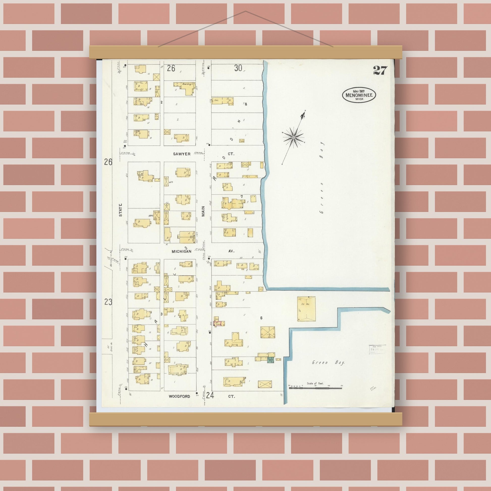 Old map wall art mockup — magnetic wood frame on brick wall — Sanborn Fire Insurance Map from Menominee, Menominee County, Michigan (1907), Sheet #0027