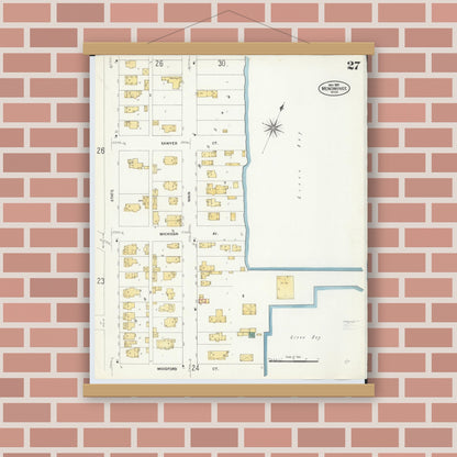 Old map wall art mockup — magnetic wood frame on brick wall — Sanborn Fire Insurance Map from Menominee, Menominee County, Michigan (1907), Sheet #0027