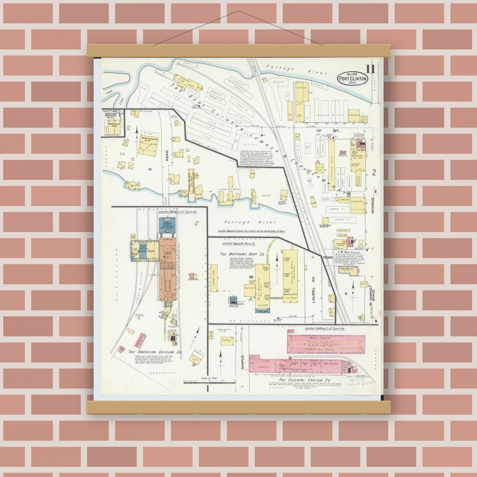 Old map wall art mockup — magnetic wood frame on brick wall — Sanborn Fire Insurance Map from Port Clinton, Ottawa County, Ohio (1910), Sheet #0011